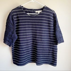 Loft Navy Striped Lace Crochet Sleeve Blouse